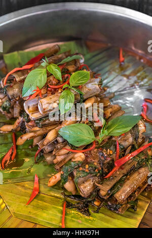 Clam shell rasoio Solenidae agitare piccante con pasta e basilico Foto Stock