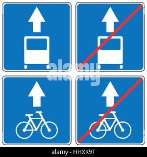 Avanti solo per bus e biciclette, un modo segno di traffico, guidare in linea retta il traffico freccia illustrazioni vettoriali. Set di freccia segnaletica stradale Illustrazione Vettoriale