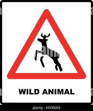 Animali selvatici del simbolo di strada in un triangolo rosso isolato su bianco. Attenzione cervi attraversando il traffico di segnalazione segni. Illustrazione Vettoriale Illustrazione Vettoriale