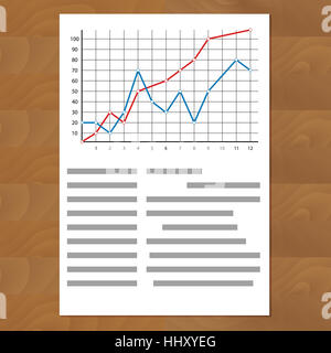 Statistiche confrontando le curve del grafico. Carta per documenti con linea di colore, timeline annuale info sul profitto, illustrazione vettoriale Foto Stock