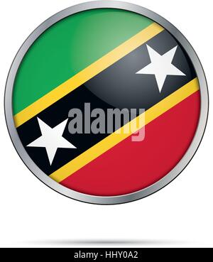 Vettore di Saint Kitts e Nevis bandiera in vetro in stile di pulsante con telaio di metallo. Illustrazione Vettoriale