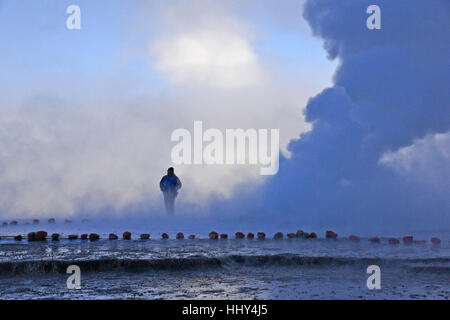 Il gorgogliamento, la cottura a vapore di geyser a geyser del Tatio, il Deserto di Atacama, Norte Grande del Cile Foto Stock