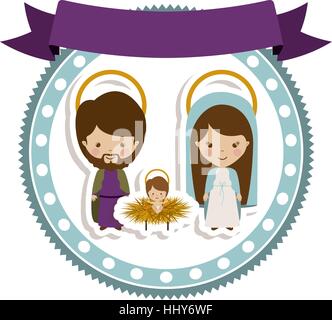 Sticker confine con santo familily e Gesù bambino cartoon illustrazione vettoriale Illustrazione Vettoriale