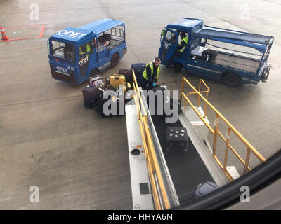 I lavoratori aeroportuali scaricare i bagagli dal velivolo, dopo l'atterraggio all'Aeroporto Charles de Gaulle di Parigi, Francia. Foto Stock