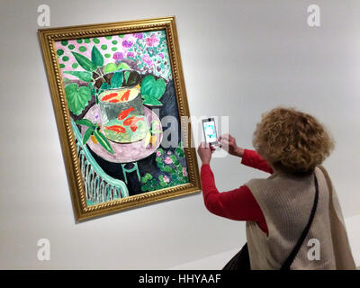 Visitatore utilizza uno smartphone di fotografare il dipinto il pesciolino (1911) dal pittore francese Henri Matisse esposti nella mostra le icone di arte moderna dalla collezione Schukin in la Fondation Louis Vuitton a Parigi, Francia. La mostra dura fino al 5 marzo 2017. Foto Stock