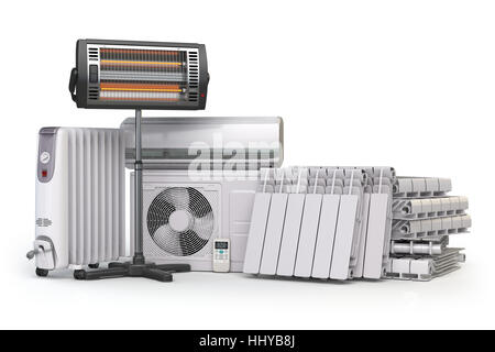 I dispositivi di riscaldamento e clima attrezzatura. Riscaldamento elettrodomestici. Il condizionatore d'aria, radiatori, olio e radiante riscaldatori elettrici isolati su bianco b Foto Stock