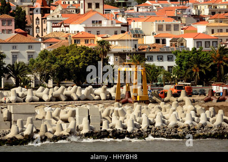 Difese marittime concrete (tetrapodi) a Funchal, sull'isola di Madeira. Foto Stock