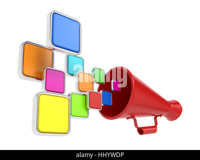 Hot News Concept. Il cloud di icone a colori di decollare dal megafono. Foto Stock