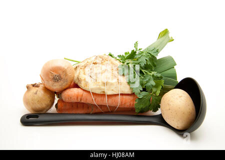 Cipolla, carote, prezzemolo, porro, sellery, sedano, erbe, di patate, potatoe, Foto Stock