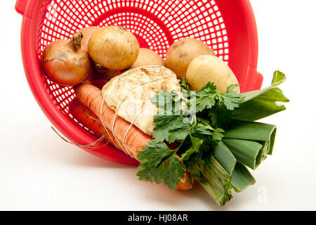 Cipolla, carote, prezzemolo, porro, sellery, sedano, erbe, di patate, potatoe, Foto Stock