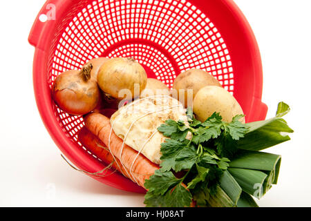 Cipolla, carote, prezzemolo, porro, sellery, sedano, erbe, di patate, potatoe, Foto Stock