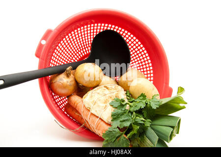 Cipolla, carote, prezzemolo, porro, sellery, sedano, erbe, di patate, potatoe, Foto Stock