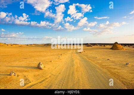 Una strada sterrata attraverso il Deserto Pinnacles nel Nambung National Park, Australia occidentale Foto Stock