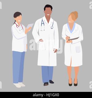 Un gruppo di professionisti del settore medico. Illustrazione Vettoriale di tre membri di un team medico. Un team medico di medici o chirurghi con camici e stetoscopi. Dottore in piena crescita. Illustrazione Vettoriale