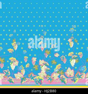 Verticale verde senza giunture motivo floreale con uva, foglie e fiori. Disegnata a mano la texture per i vestiti, biancheria, invito card design ecc. Illustrazione Vettoriale