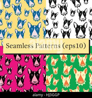 Happy dog bull terrier bianco e nero sfondi vettoriali set. Quattro pattern senza giunture. Illustrazione Vettoriale