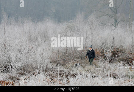 Una signora cammina il suo cane durante un pupazzo di neve per iniziare la giornata in Hothfield, Kent, come alcune aree rurali sono attesi per vedere i minimi di meno 7C (19.4F) come il clima invernale continua, secondo forecasters. Foto Stock