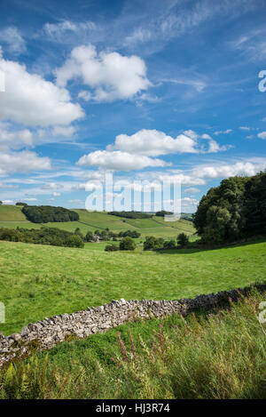 Picco bianco campagna vicino Parwich nel Peak District, Derbyshire. Vista dalla Tissington Trail delle lussureggianti prati verdi. Foto Stock