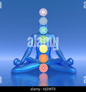 Silhouette di un uomo meditando con sette chakra colorati su ocean a sfondo blu - 3D render Foto Stock