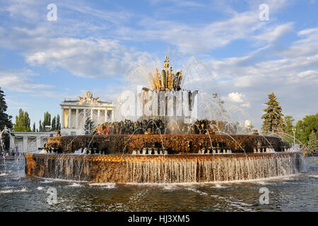 Il Fiore di Pietra Fontana sotto la splendida Puffy nubi in estate. VDNKh, Mosca, Russia. Foto Stock