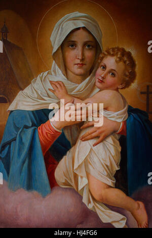 Dipinto della Beata Vergine Maria e Gesù Cristo nel Rheingau Minster, Germania, Hesse, Rheingau Regione, Geisenheim Foto Stock