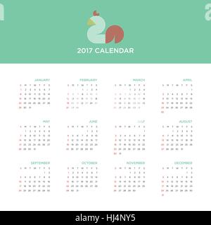 Calendario 2017 per un anno, pollo design piatto, inizia la settimana da Domenica, illustrazione vettoriale Illustrazione Vettoriale