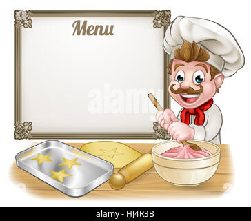 Panettiere o pasticcere personaggio dei fumetti la cottura con un menu sign in background Foto Stock