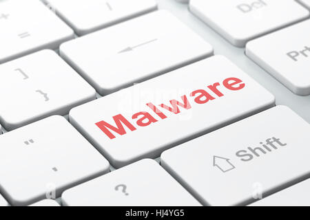 Il concetto di privacy: il malware sul computer sullo sfondo della tastiera Foto Stock