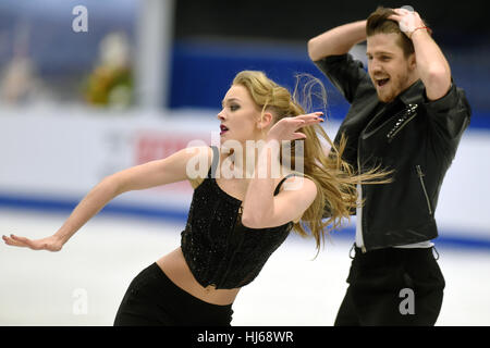 Ostrava, Repubblica Ceca. 26 gen, 2017. Alexandra Stepanova e Ivan Bukin della Russia competere durante la coppia di breve programma della Comunità figura Skating Championships in Ostrava, Repubblica ceca, 26 gennaio 2017. Credito: Jaroslav Ozana/CTK foto/Alamy Live News Foto Stock