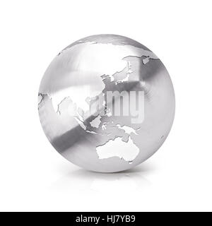 Globo inox 3D illustrazione Asia & Australia mappa su sfondo bianco Foto Stock