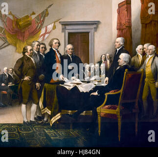 Il Comitato dei cinque del Secondo Congresso continentale (da sinistra a destra John Adams, Roger Sherman, Robert R. Livingston, Thomas Jefferson e Benjamin Franklin) dalla "Dichiarazione di Indipendenza", 1817 il dipinto a olio da John Trumbull (1756-1843). Vedere la descrizione per maggiori informazioni. Foto Stock