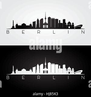 Lo skyline di Berlino e i punti di riferimento silhouette, design in bianco e nero, illustrazione vettoriale. Illustrazione Vettoriale