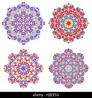 Mandala colorate in stile orientale. Set di round motivi etnici isolati su sfondo bianco. Tradizionali ornamenti in pizzo. Araba, Asiatica, islamica, motivi indiano. Illustrazione Vettoriale. Illustrazione Vettoriale