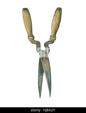 La pala, giardino attrezzo necessario per giardino miglioramenti. Disegnata a mano di pittura ad acquerello su sfondo bianco Foto Stock