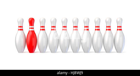 Bianco pin bowling rivestito e uno rosso. 3D render illustrazione isolati su sfondo bianco Foto Stock