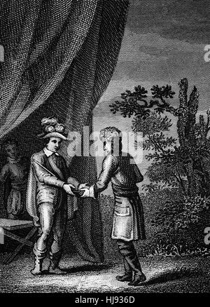 Il generale John Churchill, primo Duca di Marlborough, (1650 - 1722), il soldato inglese e comincia a ricevere la spada da Carlo II di Spagna durante la Guerra di Successione spagnola nel tardo XVII secolo Foto Stock