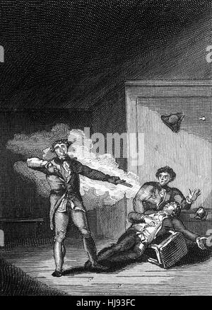 Francesco David Stirn, (1735-1760) ha acquistato due pistole cariche. Due giorni più tardi, a circa 10 pm è entrato il peltro piatto, un pub in Cross Street a Londra dove ha rivendicazione che un collega, Richard Matthews aveva accusato di furto e di adulterio. Stirn stimolato intorno alla stanza fino Stirn improvvisamente girato Matthews nel torace con una pistola nascosta. Condannato a morte che più successivamente ha commesso suicidio in carcere. Foto Stock