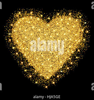 Happy Valentines Day greeting card. Cuore d'oro glitter con stelle e particelle. Illustrazione Vettoriale. Foto Stock