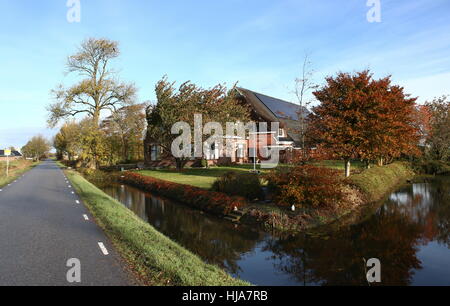 Tradizionale del XIX secolo casa colonica e fienile, villaggio di Thesinge, provincia di Groningen, Paesi Bassi del Nord. Autunno 2016 Foto Stock