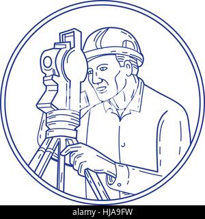 Mono stile linea illustrazione di un geometra ingegnere geodetico con teodolite topografico strumento visto dal lato impostato all'interno del cerchio sul backg isolato Illustrazione Vettoriale