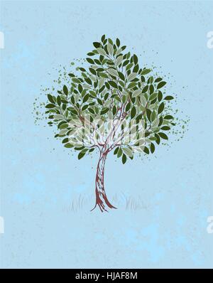 Artisticamente dipinte giovane albero con foglie verdi su sfondo blu tessiturali sfondo. Illustrazione Vettoriale