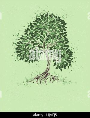Artisticamente dipinte albero con foglie verdi su sfondo verde tessiturali. Illustrazione Vettoriale