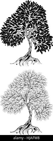 Due artisticamente disegnato , albero di contorno su uno sfondo bianco. Illustrazione Vettoriale