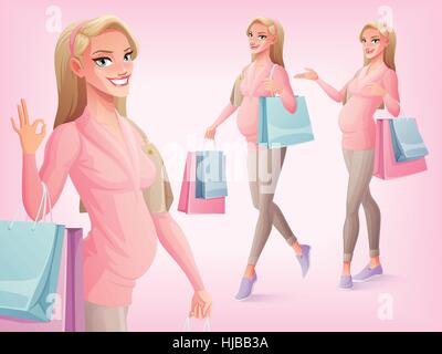 Set di vettore di bella donna incinta con borse per lo shopping. Illustrazione Vettoriale