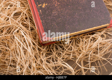 Vecchio libro posto su un sfondo di paglia Foto Stock