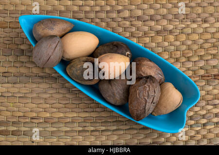 Gruppo di semi di Avocado servito in una piastra di colore blu Foto Stock