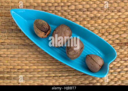 Quattro semi di Avocado servito in una piastra di colore blu Foto Stock