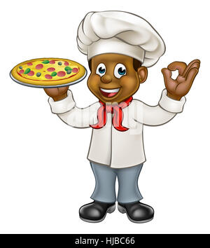 Cartoon nero carattere chef tenendo una pizza e dando un perfetto okay delizioso gesto cook Foto Stock