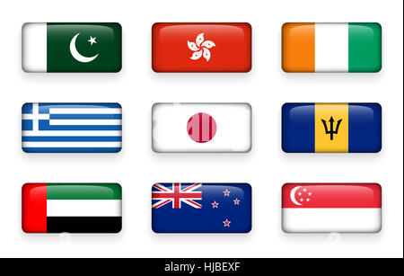 Set di bandiere del mondo rettangolo pulsanti ( Pakistan . Hong Kong . La Costa d Avorio . Grecia . Il Giappone . Barbados . Emirati Arabi Uniti . Nuova Zelanda . Singapore ) Foto Stock
