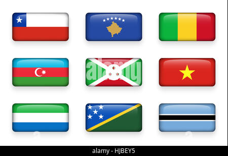Set di bandiere del mondo rettangolo pulsanti ( Cile . Il Kosovo . Mali . Azerbaigian . Burundi . Il Vietnam . Sierra Leone . Isole Salomone . Il Botswana ) Foto Stock